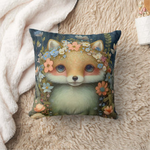Niedliches Baby Fox Pink Blue Blumen Malerei Kissen