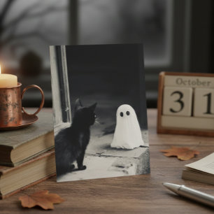 Niedliches Baby Ghost und Kitten Halloween Postkarte