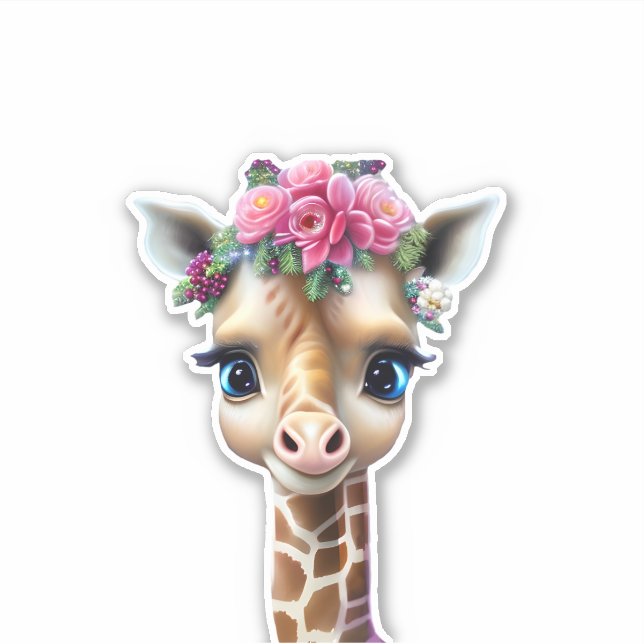 Niedliches Baby Giraffe mit Blume und Holly Aufkleber (Vorderseite)