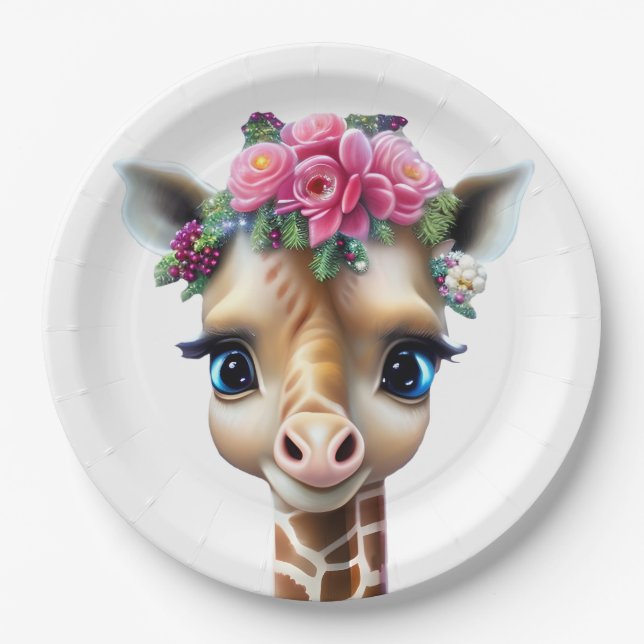 Niedliches Baby Giraffe mit Blume und Holly Pappteller (Vorderseite)