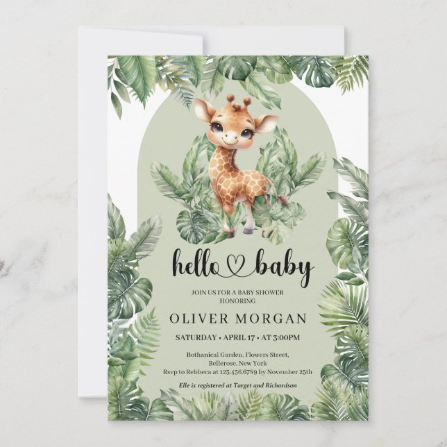 Niedliches Baby Giraffe Tropenfarben Einladung (Vorderseite)