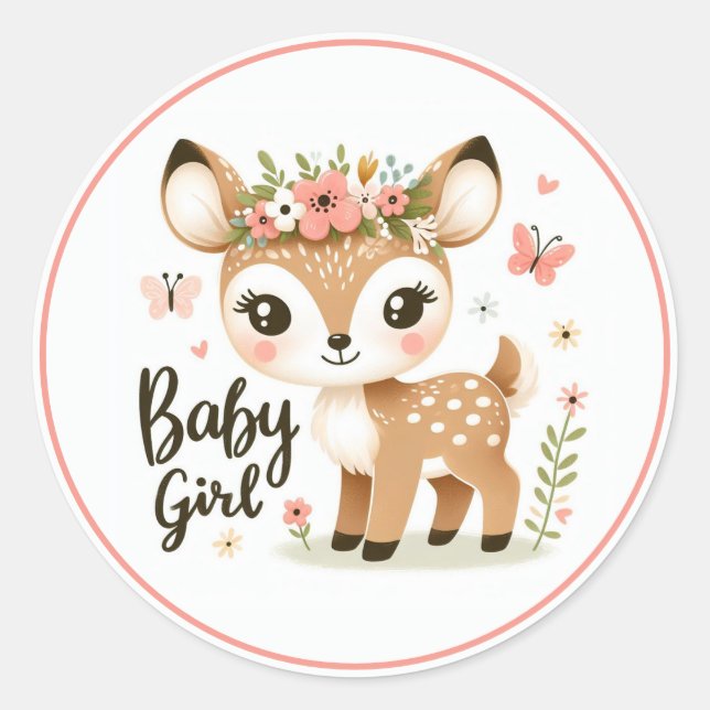 Niedliches Baby Girl Fawn mit Schmetterlingen und  Runder Aufkleber (Vorderseite)