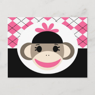 Niedliches Baby Girl Sock Affe Pink Schwarze Raute Postkarte