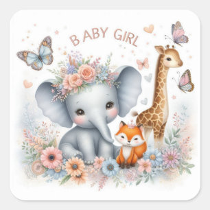 Niedliches Baby Girl Woodland Tiere mit Blume Quadratischer Aufkleber