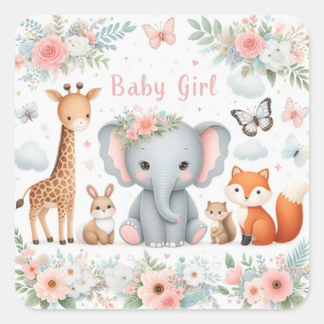 Niedliches Baby Girl Woodland Tiere mit Blume Quadratischer Aufkleber (Vorderseite)