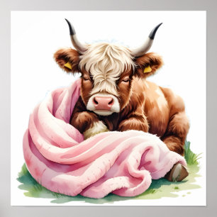 Niedliches Baby Highland Cow mit Blume - Kinderzim Poster