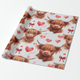Niedliches Baby Highland Cow Valentine Herzmuster Geschenkpapier