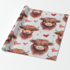 Niedliches Baby Highland Cow Valentine Herzmuster Geschenkpapier