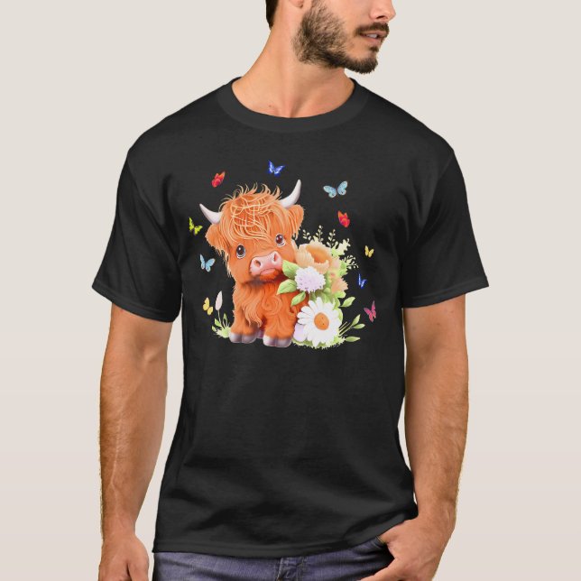 Niedliches Baby Highland Kuh mit Blume Calf Animal T-Shirt (Vorderseite)