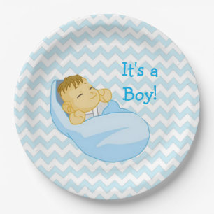 Niedliches Baby in Blau, "It's a Boy" Babyduschpla Pappteller