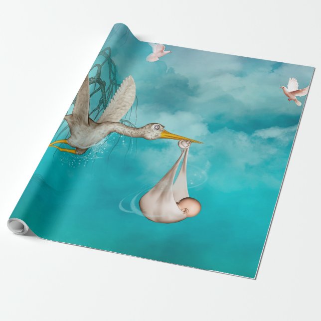Niedliches Baby kommt mit Storch Geschenkpapier (Ungerollt)