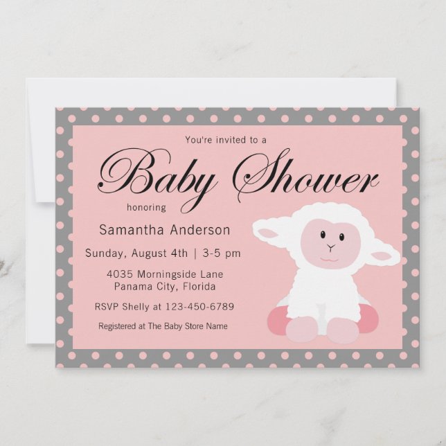 Niedliches Baby Lamb und Polka Dots Baby Dusche Einladung (Vorderseite)