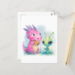 Niedliches Baby Lila Dragon isst Pizza mit Alien Postkarte