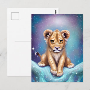 Niedliches Baby Lion Cub Snowy Hintergrund Postkarte