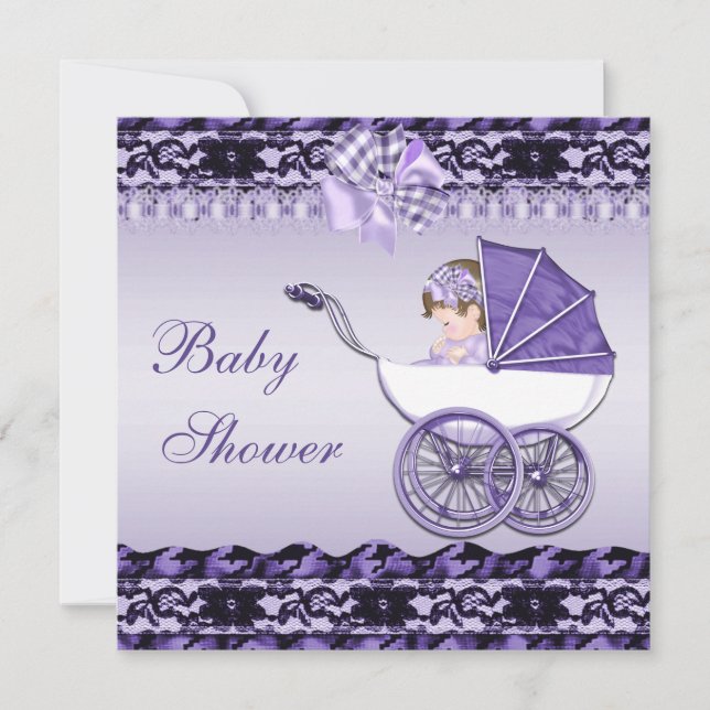 Niedliches Baby Mädchen in Lila Babydusche Einladung (Vorderseite)