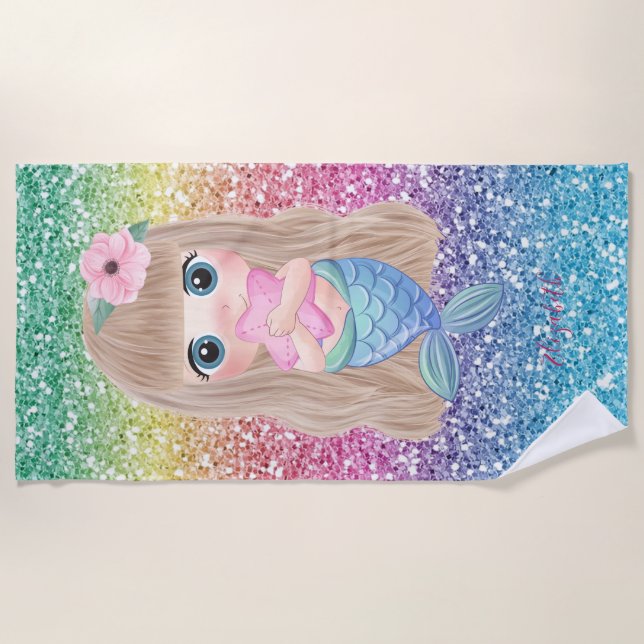 Niedliches Baby Mermaid, farbenfroher Glitzer Strandtuch (Vorderseite)