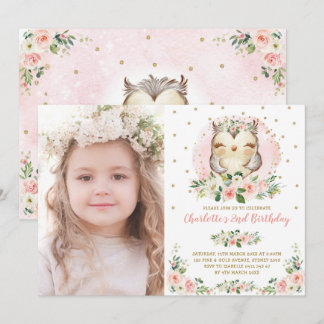 Niedliches Baby Owl Blüten Rosa Gold Blume Geburts Einladung