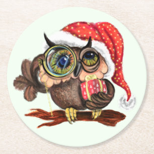 Niedliches Baby Owl in Weihnachtshut und Untersetz Runder Pappuntersetzer