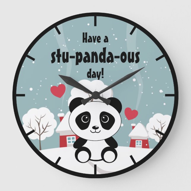 Niedliches Baby Panda im Winterschnee grau Große Wanduhr (Vorderseite)