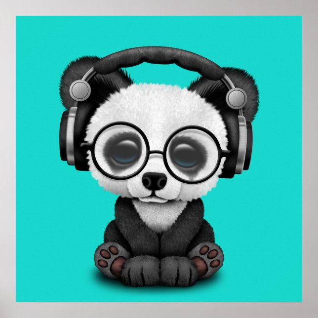 Niedliches Baby Panda mit Kopfhörern Poster (Vorne)