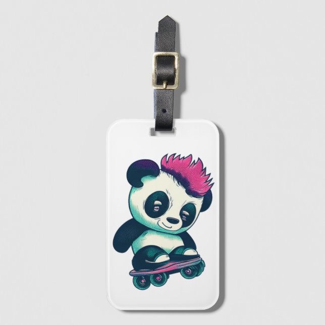 Niedliches Baby Panda mit Mohawk | Skater Panda Gepäckanhänger (Vorderseite Vertikal)