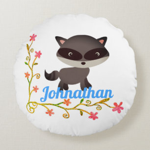 Niedliches Baby Raccoon mit Blume Rundes Kissen