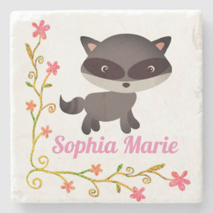 Niedliches Baby Raccoon mit Blume Steinuntersetzer