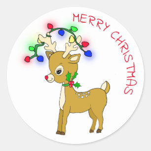 Niedliches Baby Rentier mit Weihnachtsbeleuchtung Runder Aufkleber