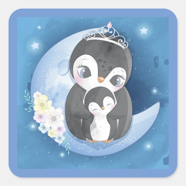 Niedliches Baby und Pinguin Quadratischer Aufkleber (Vorderseite)