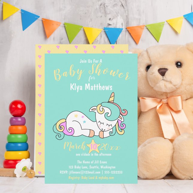 Niedliches Baby Unicorn, Babydusche farbig Einladung (Cute Baby Unicorn - Baby Shower Invitation)