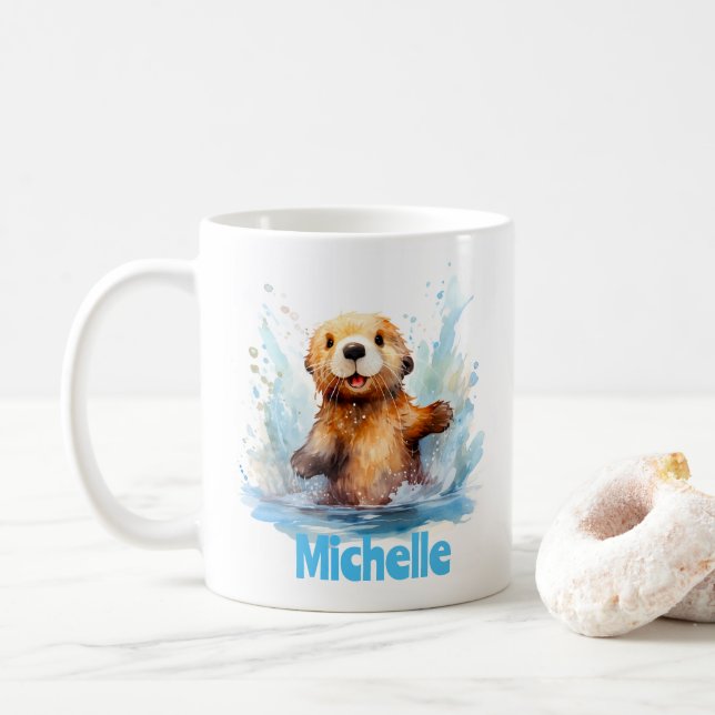 Niedliches Babymeer Otter in Wasser Splash Persona Kaffeetasse (Mit Donut)