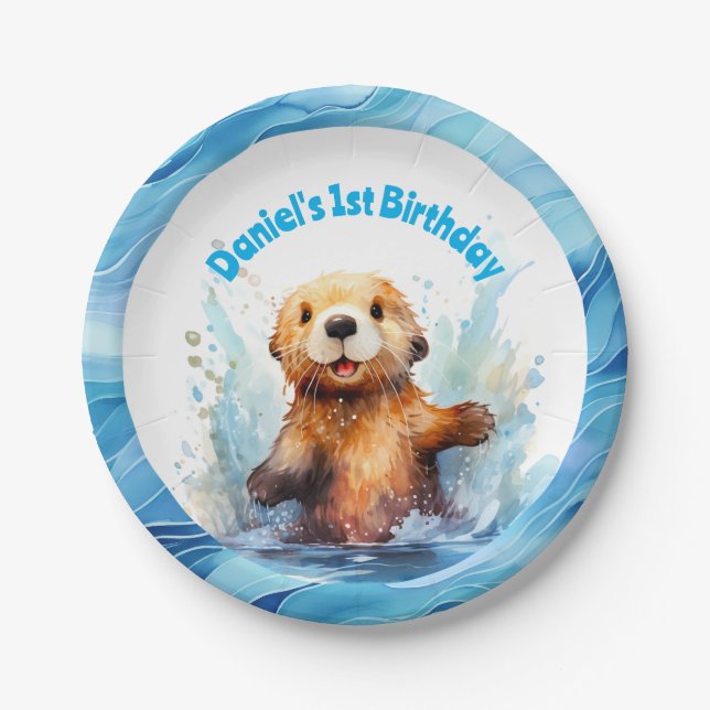 Niedliches Babymeer Otter in Wasser Splash Persona Pappteller (Vorderseite)