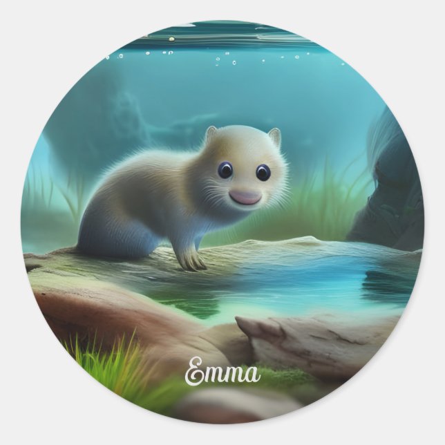 Niedliches Babyotter im Teich - personalisierbar Runder Aufkleber (Vorderseite)