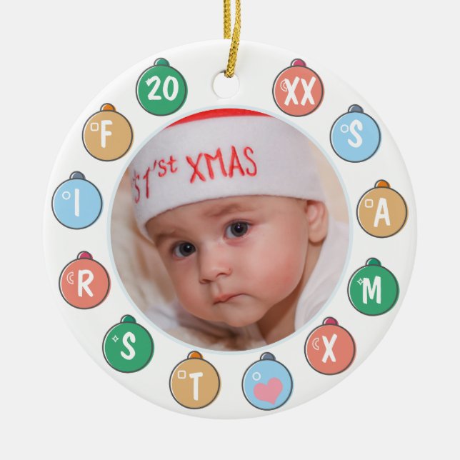 Niedliches Baby's First Christmas Foto Keramik Ornament (Vorne)