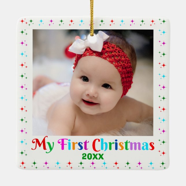 Niedliches Baby's First Christmas Foto von White Keramikornament (Rückseite)