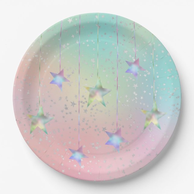 Niedliches Band der holografischen Stars in Pastel Pappteller (Vorderseite)