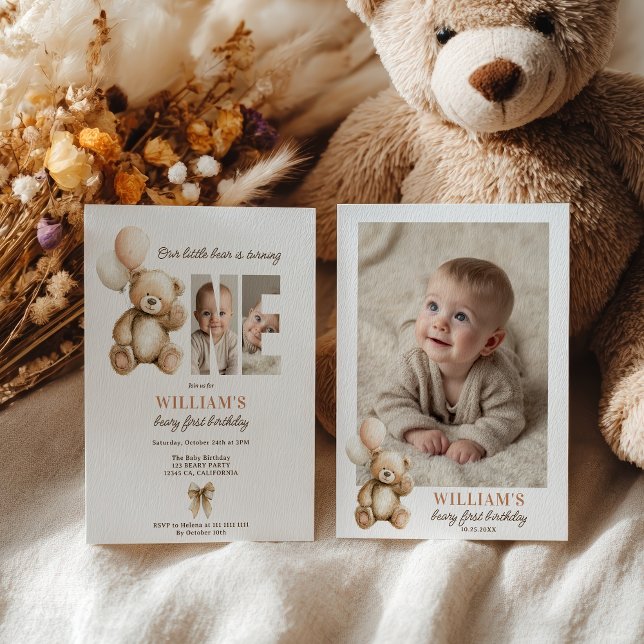 Niedliches Bärenbart 1. Geburtstag Teddy Bear Foto Einladung (Cute brown Beary 1st Birthday Teddy Bear Photo Invitation)