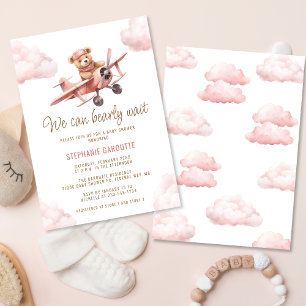 Niedliches Bärenflugzeug Pink Girl Babydusche Einladung