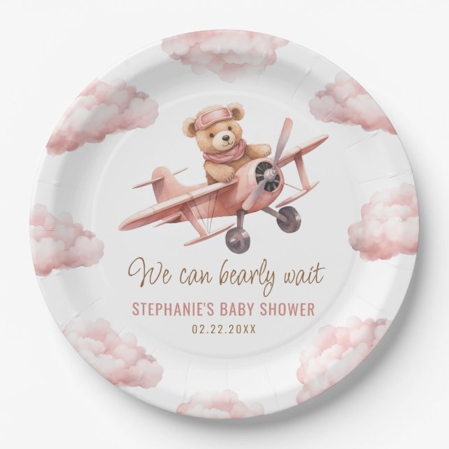 Niedliches Bärenflugzeug Pink Girl Babydusche Pappteller (Vorderseite)