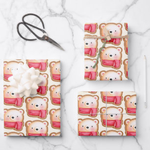 Niedliches Bärengesicht in einem Roten Scarf Weihn Geschenkpapier Set