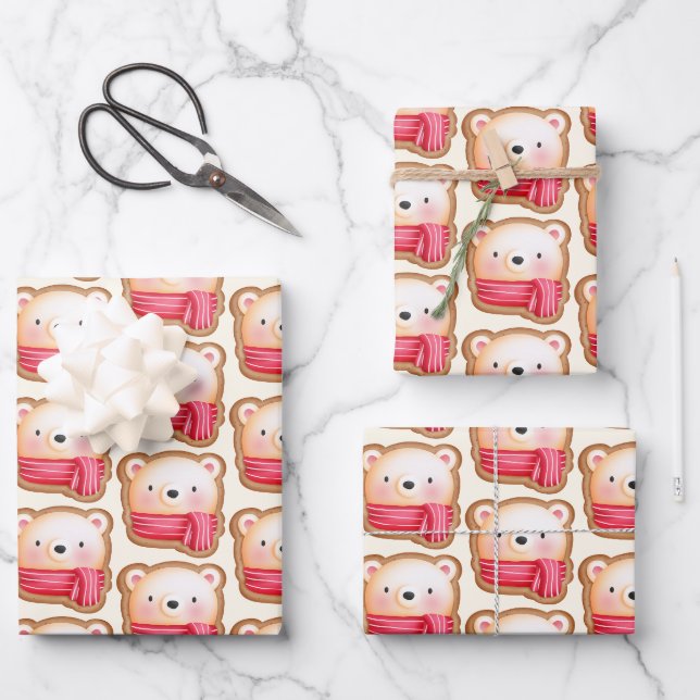 Niedliches Bärengesicht in einem Roten Scarf Weihn Geschenkpapier Set (Vorderseite)