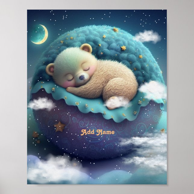 Niedliches Bärenschläfchen Blaues Kissen Sterne Mo Poster (Vorne)