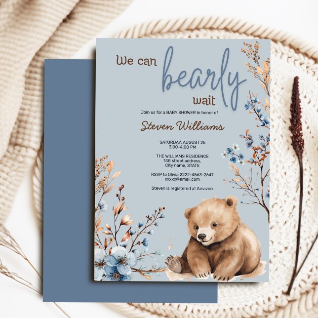 Niedliches Bärenwasser-Farbjunge Babydusche Einladung (Adorable boho baby shower invite 🐻✨ ‘We Can Bearly Wait’ for your little one!)