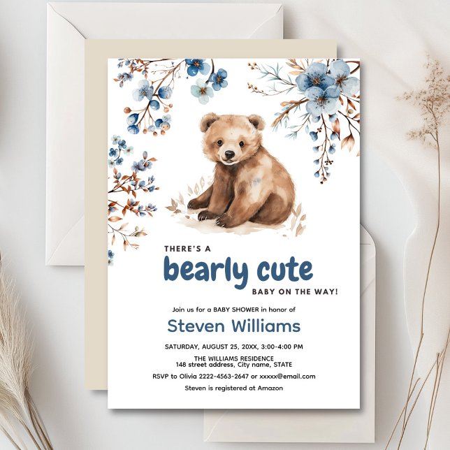 Niedliches Bärenwasser-Farbjunge Babydusche Einladung (Cute bear with rustic blue flowers baby shower invitation)