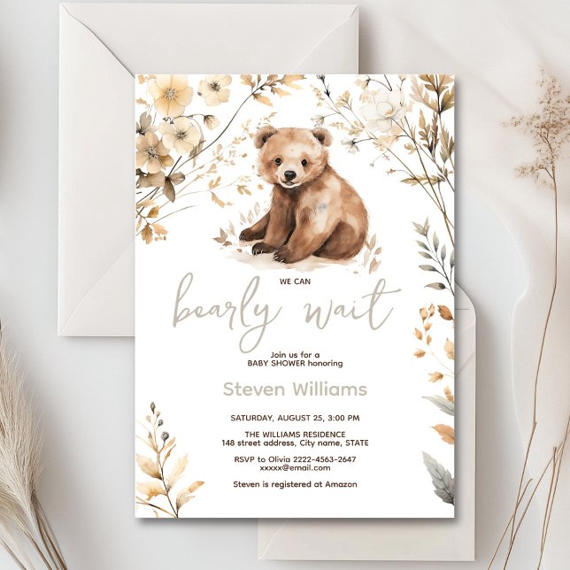 Niedliches Bärenwasser-Farbjunge Babydusche Einladung (Cute watercolor forest bear with rustic beige flowers baby shower invitation)