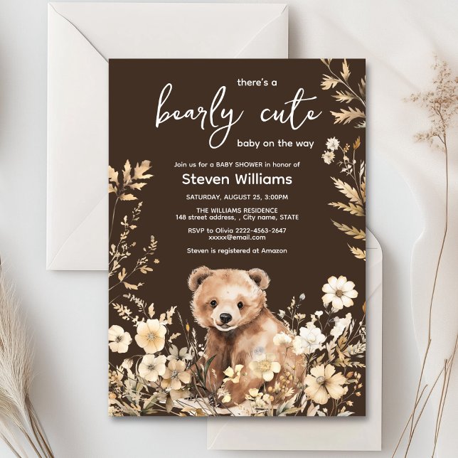 Niedliches Bärenwasser-Farbjunge Babydusche Einladung (Cute watercolor forest bear with rustic beige flowers baby shower invitation)