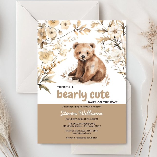 Niedliches Bärenwasser-Farbjunge Babydusche Einladung (Cute bear with rustic beige flowers baby shower invitation)