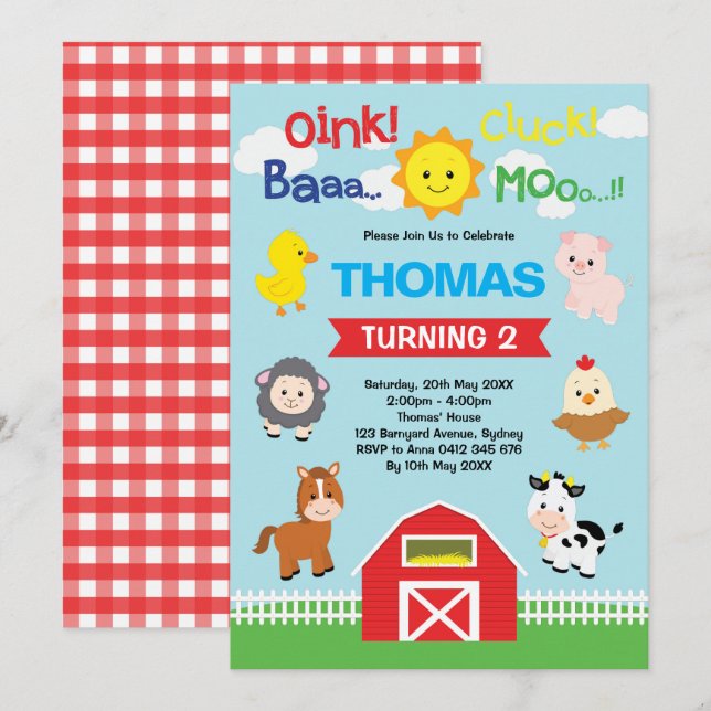 Niedliches Barnyard Birthday Petting Farm Animals  Einladung (Vorne/Hinten)