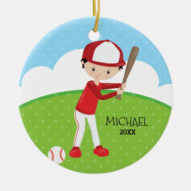Niedliches Baseball-Spieler-personalisiertes Keramikornament (Vorne)