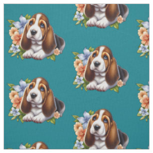 Niedliches Basset Hound Welpe Sitzen mit Blume Stoff